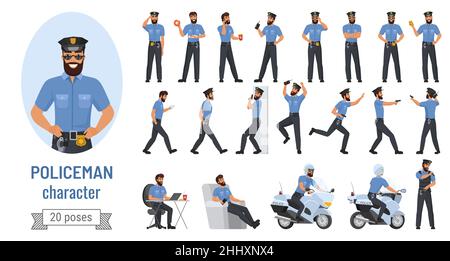 Policeman poses vector illustration set. Cartoon bearded professional police officer character in various action with emotions, cop in uniform posing Stock Vector