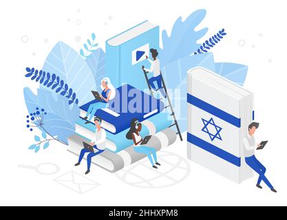 Online Hebrew language courses isometric 3d illustration. Distance education, remote school, Israel university. Language Internet class, students read Stock Vector