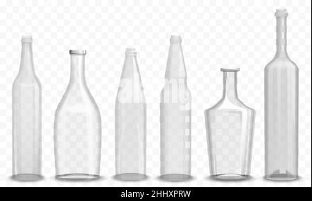 Realistic glass empty bottle in various design set vectro illustration Stock Vector