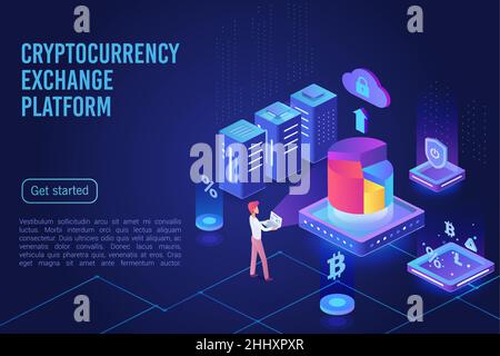 Cryptocurrency exchange platform dark ultraviolet light landing page vector template. Bitcoin financial transactions, e billing service website. Crypt Stock Vector