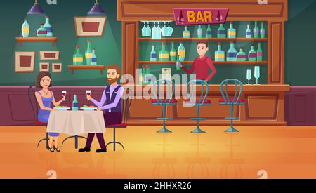 Couple people in bar vector illustration. Cartoon flat man woman characters meeting, dating drinking wine in restaurant interior, barista barman stand Stock Vector