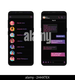 Social network Messenger concept vector illustration. Messenger dark black trendy chat app interface. Clean Mobile UI Design Stock Vector