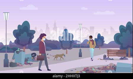 Smelling landfill waste with unhappy people in masks in disadvantaged city area street Stock Vector