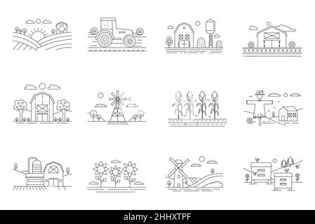 Farm and farming fields thin line mini landscapes set isolated, agriculture concept Stock Vector