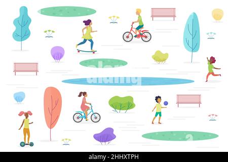 Public park with walking, riding and playing kids isolated. Amusement park for children vector illustration Stock Vector