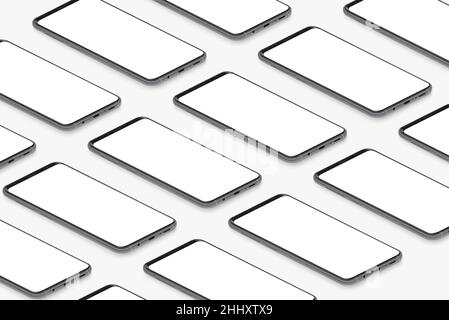Isometric black realistic smartphones with blank white screens grid. Empty screen phone template for inserting UI interface or business presentation v Stock Vector