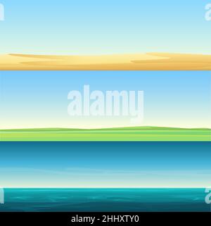 Beautiful minimalistic horizontal banners landscapes of sand desert, meadow rural field and sea ocean background set vector illustration Stock Vector