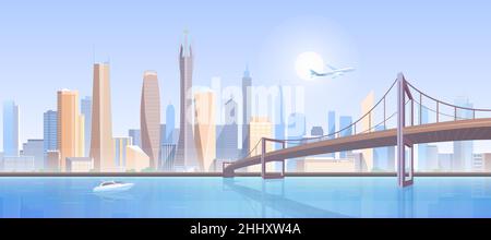 City bridge landscape vector illustration. Cartoon flat modern futuristic metropolis concept, downtown cityscape with high buildings construction skys Stock Vector