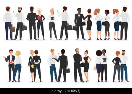 Business people conversation. Man and woman standing together and talking, discussing, negotiating Stock Vector