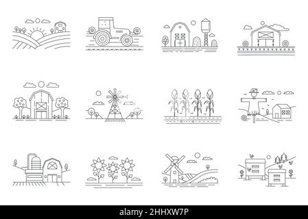 Farm and farming fields thin line mini landscapes set isolated, agriculture concept Stock Vector