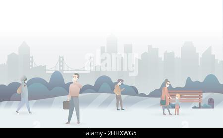 Sad people suffer from air pollution and wear protective masks. Industrial white smog fog city background. Fine dust, air pollution, pollutant gas emi Stock Vector