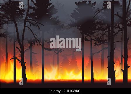 Realistic silhouette wildfire forest fire disaster landscape vector illustration Stock Vector