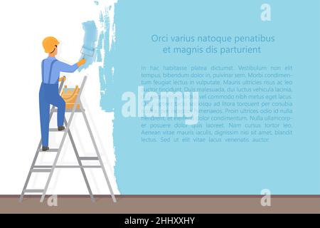 Man decorator painter with a paint roller painting a color wall. Upgrade and repair process concept. Website reconstruction vector illustration Stock Vector