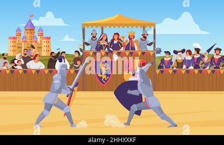 Medieval knight tournament vector illustration. Cartoon flat knight characters in body armor suits fight duel with swords on battlefield, medieval ent Stock Vector