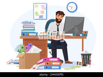 Tired sleepy male office worker stays late on workplace. Overload paperwork, meeting deadlines, report, overwhelmed by work young businessman vector i Stock Vector