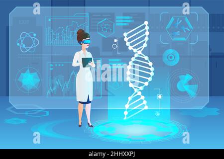 Medical hologram DNA vector illustration. Microbiology, genetic biotechnology, gene cell. Scientist working with DNA. Doctor doing laboratory research Stock Vector