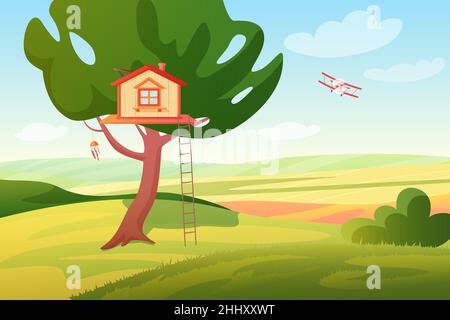 Stylized bright summer rural fields sunny panoramic landscape with a wooden children tree house and ladder, plane. Colorful cartoon style vector illus Stock Vector