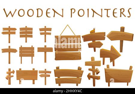 Set of different wooden empty cartoon pointers, hovering guides, signboards, signposts, planks, showing different destinations isolated flat vector il Stock Vector
