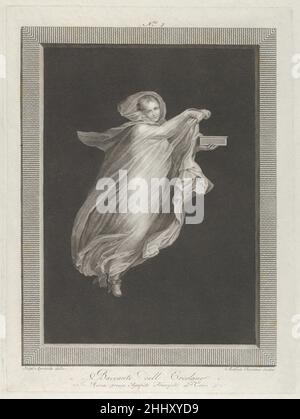 A bacchante wearing a hooded shawl and holding a box in her left hand, set against a black background inside a rectangular frame ca. 1795–ca. 1820 Engraved by Antonio Ricciani Italian From a series of engravings depicting wall paintings from Herculaneum, made by various engravers and intermediary draughtsman, all pulblished by Agapito Franzetti.. A bacchante wearing a hooded shawl and holding a box in her left hand, set against a black background inside a rectangular frame  669056 Stock Photo