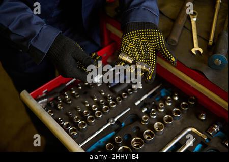Set of torx for socket spanner and hand tools and wrenches close-up in box. Garage painting car service. Tool to repair the car or replace automotive Stock Photo