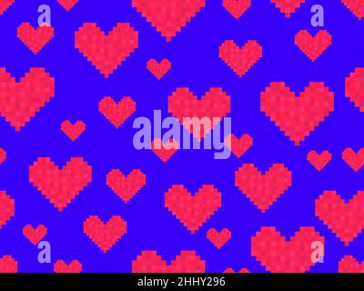 Pixel art hearts seamless pattern. 8-bit red hearts on blue background. Retro 8-bit video game. Design for print, wrapping paper and advertising. Vect Stock Vector