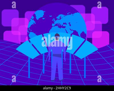 Man wearing virtual reality glasses in the metaverse. Entering the virtual space in the headset. VR technology. Hand control of virtual reality. Purpl Stock Vector