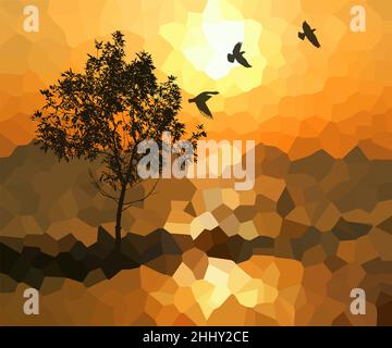 Sunset trees and birds. Abstract vector illustration Stock Vector