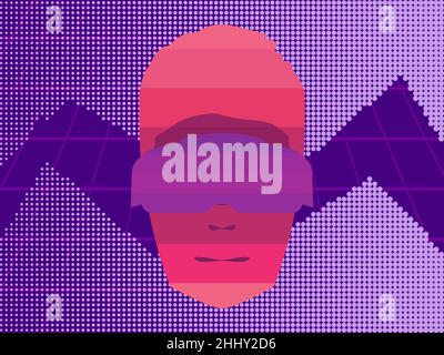 Face in virtual reality glasses. Human face in VR headset. Virtual reality glasses to access the metaverse. Synthwave and retrowave style. Vector illu Stock Vector