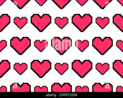Pixel art hearts seamless pattern. 8-bit red hearts with black stroke on white background. Retro 8-bit video game. Design for print, wrapping paper an Stock Vector