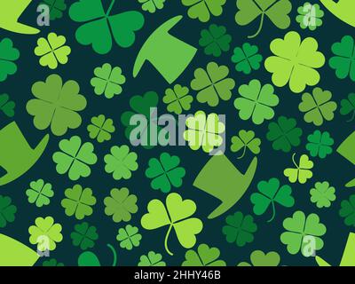 Leprechaun hat with green clover leaves seamless pattern. St. Patrick's Day, Irish holiday. Background for greeting card, wrapping paper, promotional Stock Vector