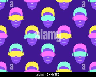 Heads in virtual reality glasses seamless pattern. Human face in VR headset in pop art style. Virtual reality glasses for access to the cyberspace of Stock Vector