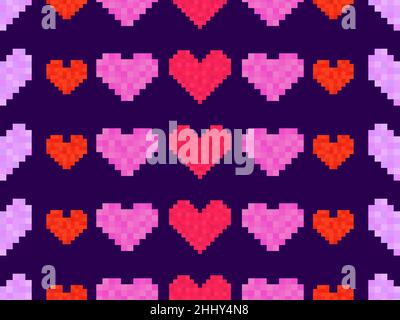 Pixel art hearts seamless pattern. Colorful 8-bit hearts. Retro 8-bit video game. Design for print, wrapping paper and advertising. Vector illustratio Stock Vector