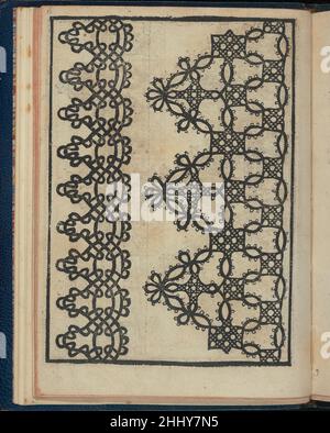 Le Pompe: Opera Nova, page 8 (verso) 1557 Giovanni Battista & Marchio Sessa Italian Published by Giovanni Battista & Marchio Sessa, Venice. From top to bottom, and left to right:Design is for bobbin lace and is composed of 2 vertical columns. Left column is decorated with a set of intertwining lines forming ovals with triangles above. Right columns is decorated with a pattern of overlapping circular shapes connected to black rectangles, squares, and quatrefoils that are all ornamented with white dots.. Le Pompe: Opera Nova, page 8 (verso)  356989 Stock Photo