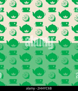 Tea time monochrome seamless pattern. Silhouettes of tableware utencil, teapot, cup, lemon fruit, geometric grid, green tones color palette. White or Stock Vector