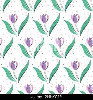 Spring floral seamless pattern. Tulip flower cute festive background. Hand drawn sketch style illustration. Very peri, lilac, green tones color Stock Vector