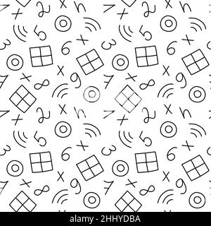 Hand drawn seamless pattern with numbers and abctract elements, black and white texture. Stock Photo