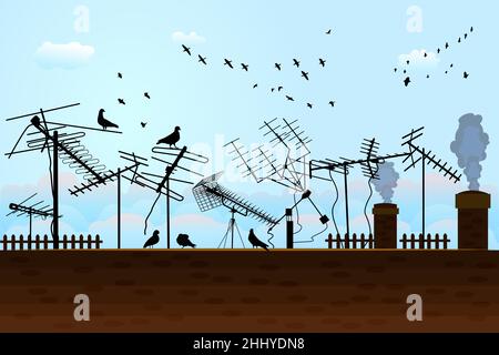 Blue sky with clouds and birds over roof with many television aerials. Radio towers and antenna on the rooftop of the house. Stock vector illustration Stock Vector