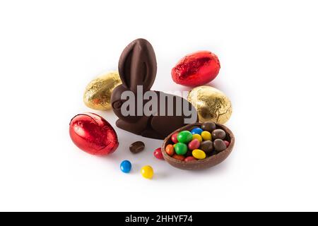 Easter chocolate bunny and colorful eggs isolated on white background Stock Photo