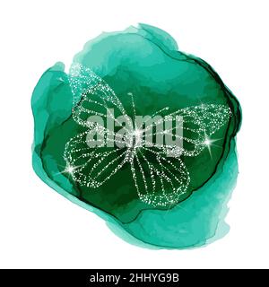 Delicate white butterflies on turquoise blots. Vector illustration Stock Vector