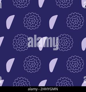 Geometric floral hand drawn seamless pattern, pink elements on dark blue background. Stock Vector