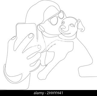 woman with her little dog is taking self portrait Stock Vector