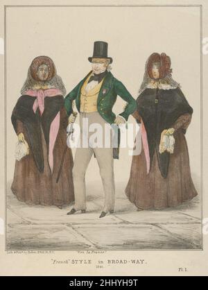 Vive la France, 'French' Style in Broadway 1840 Alfred E. Baker American This image of a dapper gentleman wearing a top hat and tailcoat, with ribbon on his lapel, and escorting two ladies similarly dressed in shawls and bonnets with veils may caricature Edward Dechaux, a prominent art dealer who also manufactured canvases for artists, stamping his name on the back (an example is at the New York Historical Society (for related prints see 54.90.1083 and 54.90.1357-.1358).. Vive la France, 'French' Style in Broadway  388074