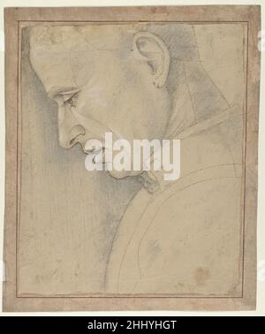 Head of a Man in Profile 1490s Luca Signorelli (Luca d'Egidio di Luca di Ventura) Italian This sheet is a significant example of the scientific study of perspective in the fifteenth century. It represents an exercise in foreshortening the human head, through which the profile could be used to construct alternative views. The horizontal lines – incised with a stylus - and the letters annotated around the ear served as coordinate points to produce such a transformation, while the pricked outlines aided in the replication of the profile. This diagram closely follows the method of foreshortening d Stock Photo