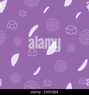 Geometric floral hand drawn seamless pattern, white elements on purple background. Stock Vector