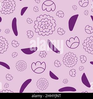 Geometric floral hand drawn seamless pattern, black elements on pink background. Stock Vector