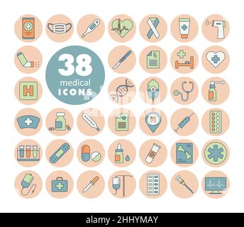 Medical vector flat icons set. Medicine and healthcare, medical support sign. Graph symbol for medical web site and apps design, logo, app, UI Stock Vector