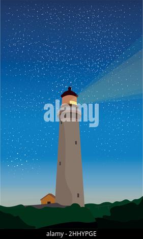 Dawn landscape with lighthouse in flat style. The lighthouse shines at night. Stock Vector