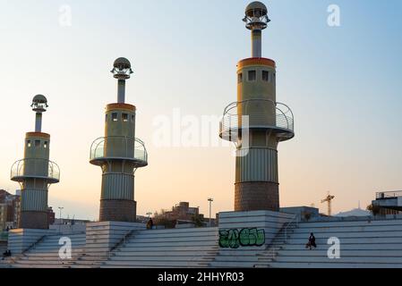 Barcelona, Spain - 19 january 2022: Panorama of Parc de l'Espanya Industrial at sunset with warm natural light and lake. Industrial city park in the S Stock Photo