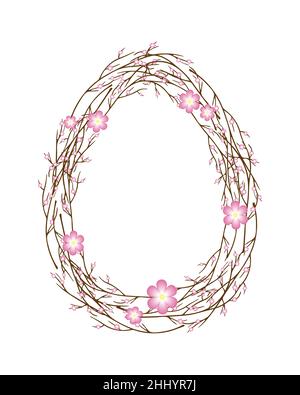 Egg Easter template from twigs with flowers , brush branch, postcard, isolated, white background. Vector illustration Stock Vector