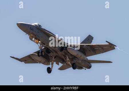 Zaragoza, SPAIN - July 16 2021 - F-A-18A + Hornet single-seat fighter plane belonging to the Zaragoza military base of the Spanish air force on traini Stock Photo